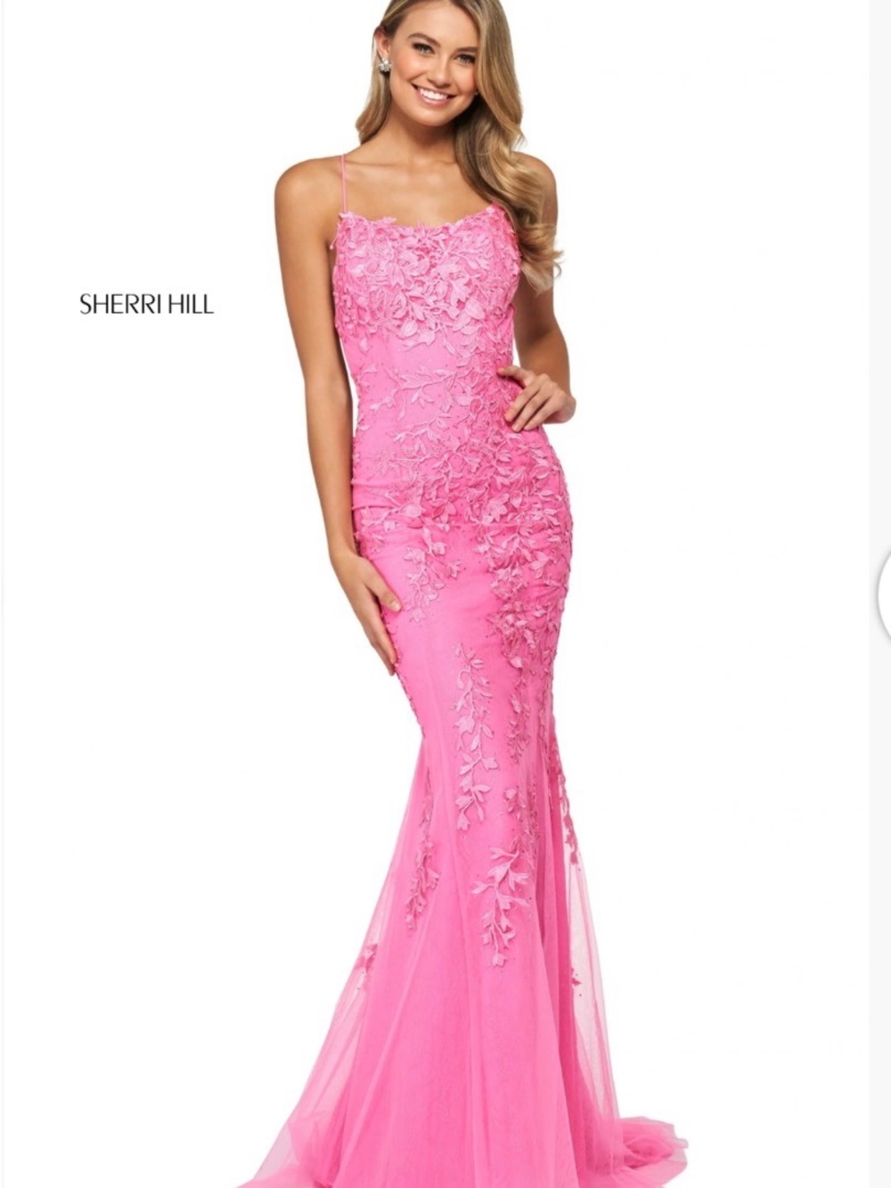 Sherri Hill Hot Pink Spaghetti-Strap Floral Appliqué Gown